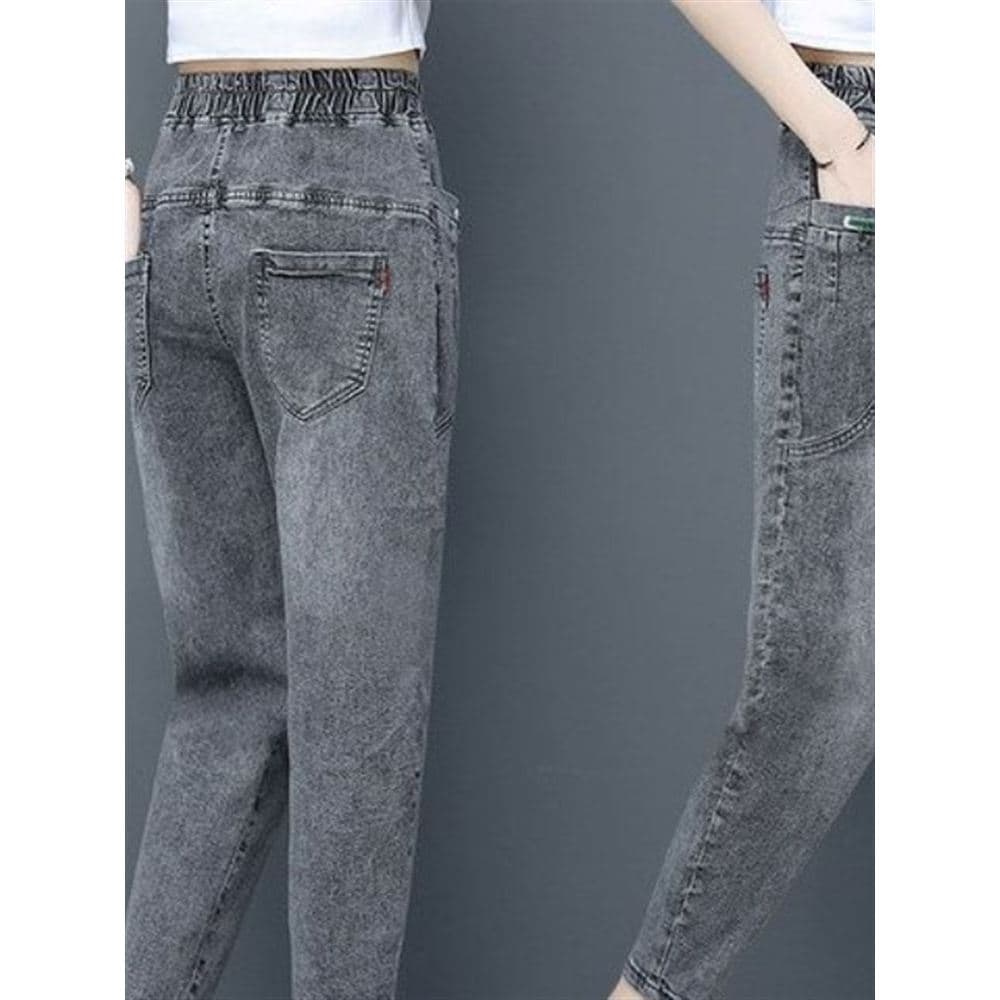 Fumaça cinza cintura alta estiramento Jeans feminino 2023 outono inverno novo estilo versão coreana cintura elástica Har
