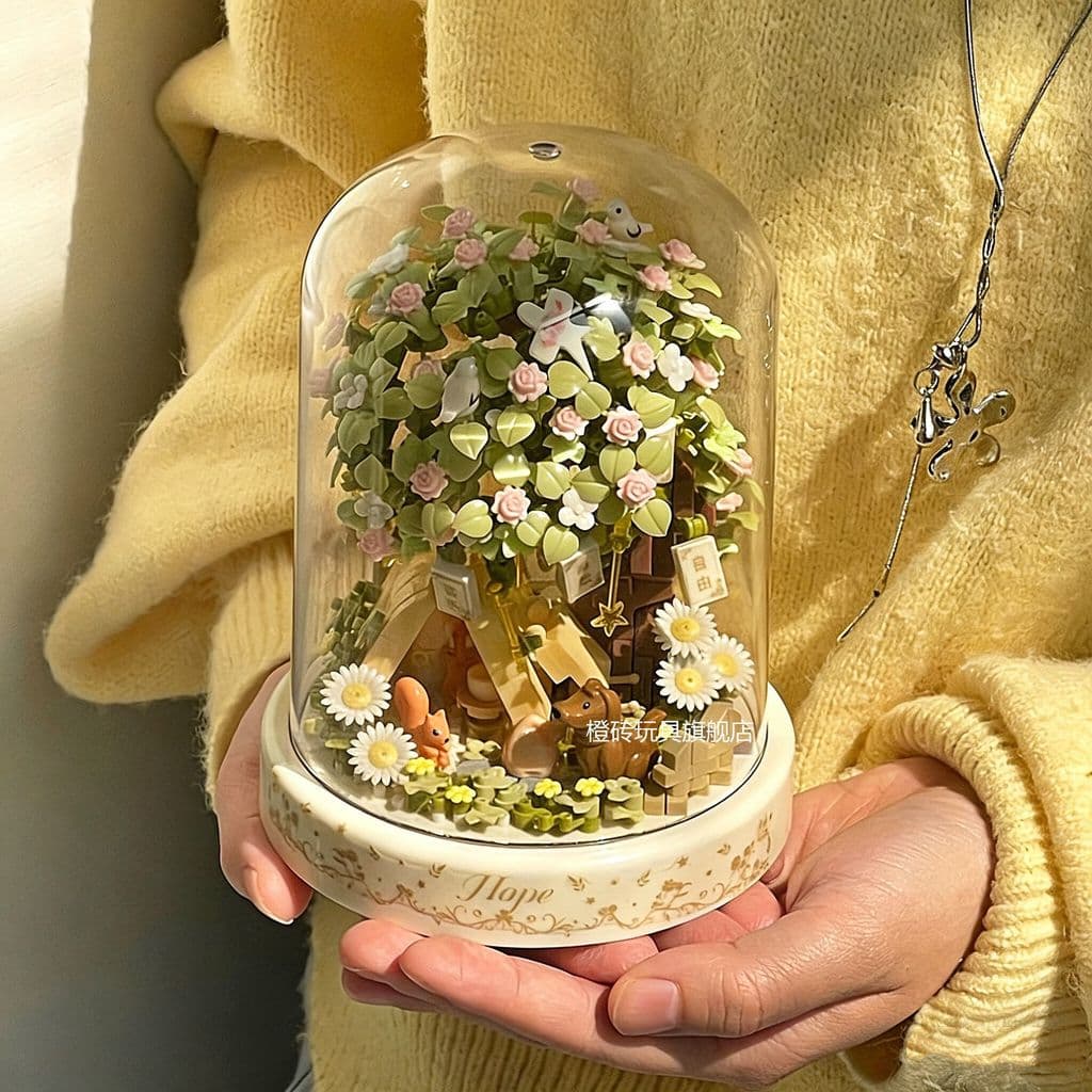 Flor de cerejeira desejando árvore blocos de construção montados pequenas partículas flores vasos ornamentos presentes