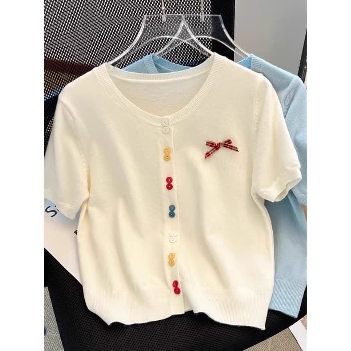 Plus Size feminino cor Breasted malha Cardigan chique arco camiseta feminina verão solto mais magro olhar de manga curta