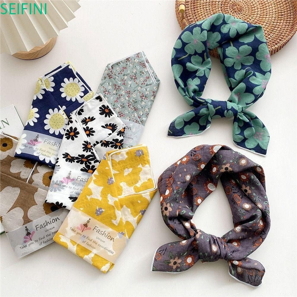 Lenço De Seda Estampado SEIFINI , Quadrado De Linho De Algodão Estilo Pastoral Com Gravata De Cabelo