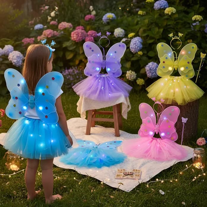 Fantasia Fada Infantil Asa Borboleta Varinha Saia Led Tiara Cosplay Dança Carnaval Ballet Balé