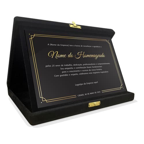 Placa De Homenagem Personalizada Com Caixa Veludo 20x16cm