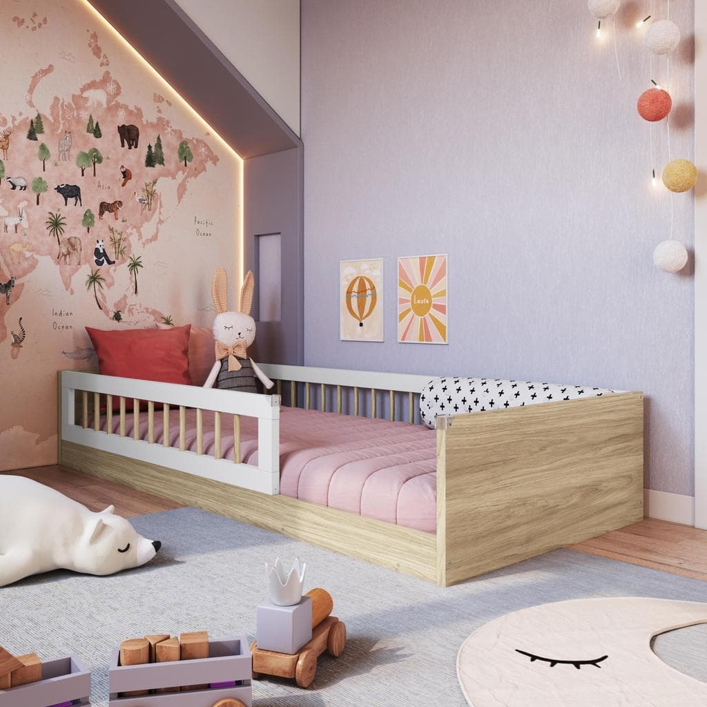 Cama Infantil Montessoriana de Chão com Colchão e Grade de Proteção