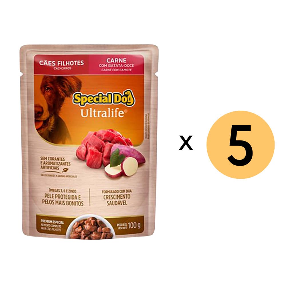 Kit 5 Ração Special Dog Sachê Cães Filhotes Carne 100G
