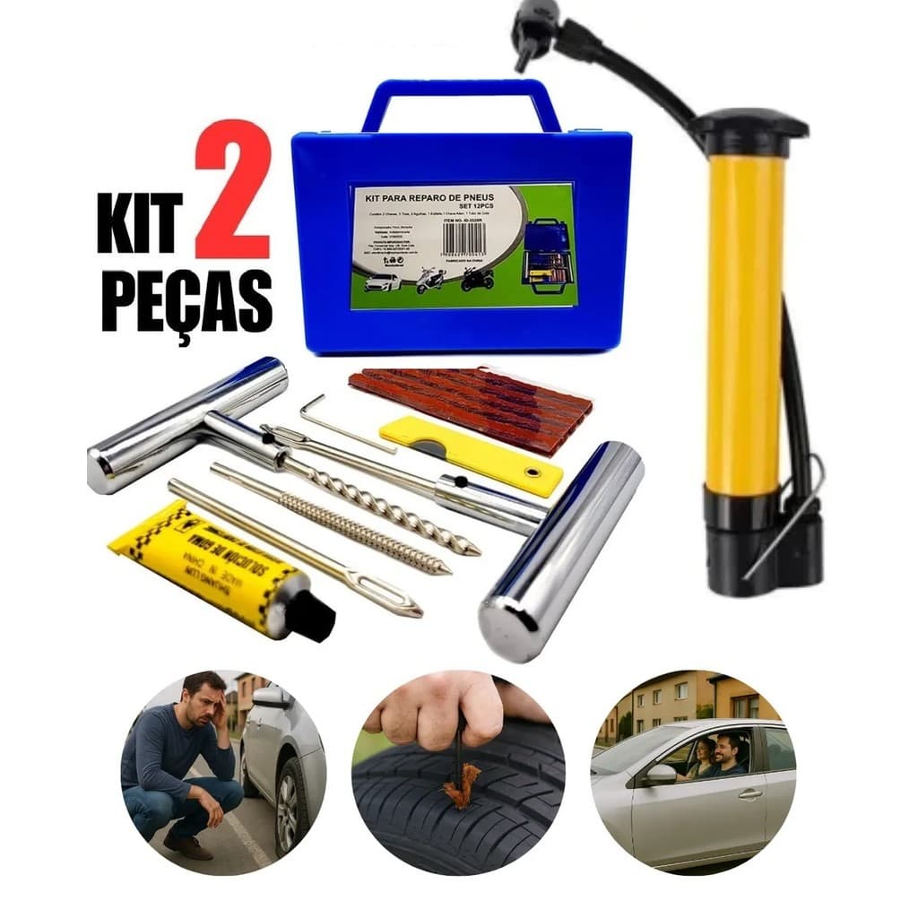 Kit Reparo Pneu Profissional e Intermediário Maleta Completa Para Reparo de Pneu de Moto e Carros + Bomba de Ar Gratis