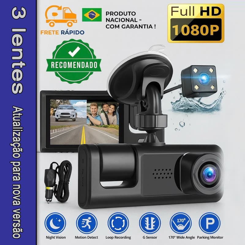 Câmera Veicular 3 Lentes Full HD – Frontal, Interna e Traseira com Visão Noturna + camera de Ré