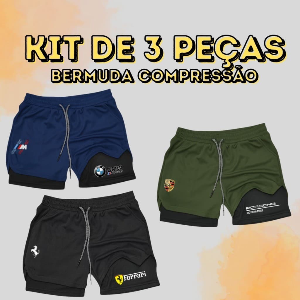 Kit 3 Bermudas Shorts Compressão 2 Em 1 Dry Fit Com Elastano PORSCHE+FERRARI+BMW Ideal Para Treinos