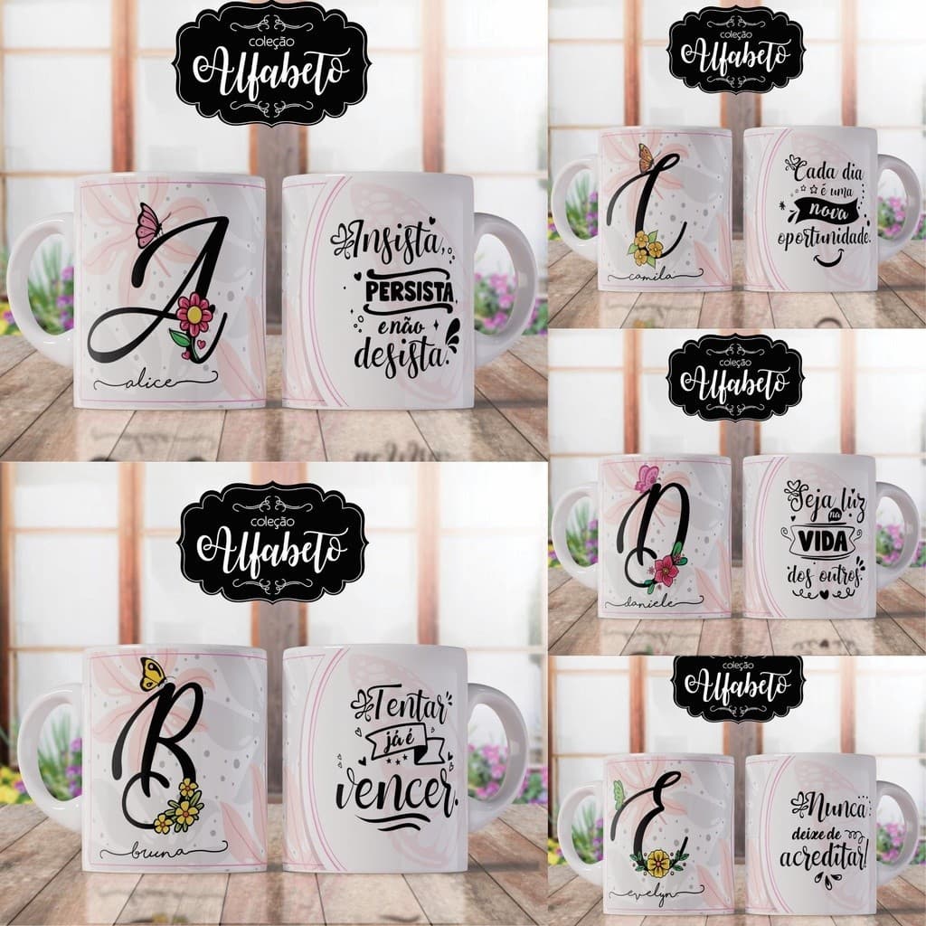 Caneca Xicara Personalizada canecas com nome e Letra porcelana Com Nome e Letra do Alfabeto e Frase Motivacional 325Ml