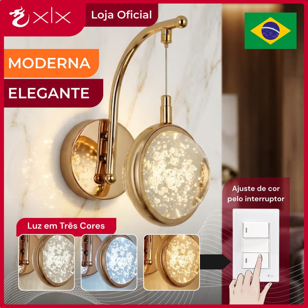 Arandela Parede Saturno Globo Cristal Bolhas Dourada XLX LED Moderno Luxo Brilhante Criativo
