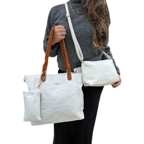 Kit Bolsa Feminina 3 Pecas Alca Caramelo Conjunto Versatil Moderno Branco passeio compras