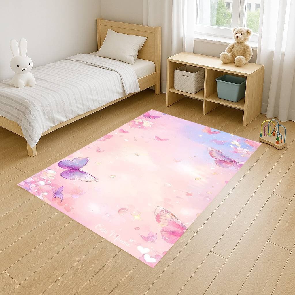 Tapete Retangular 100x140 Antiderrapante Borboleta Butterfly Familia Infantil Desenho Decoração Quarto Sala