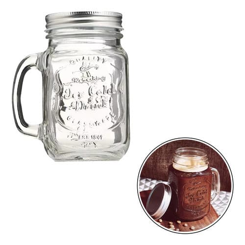 Caneca Jarra Estilo Vintage Retrô Vidro com Tampa Metálica e Canudo Plástico Ideal para Bebidas Geladas Coquetéis Sucos