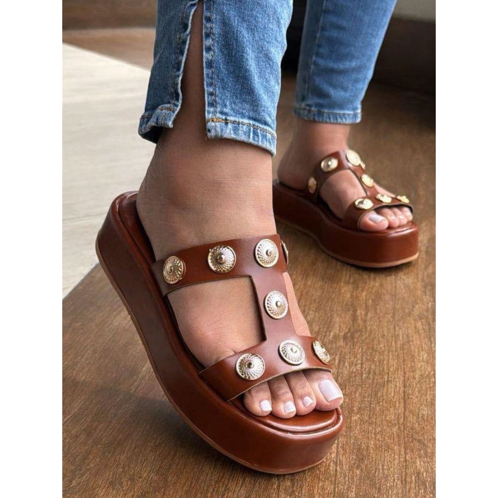 Sandália Tamanco Flatform Com Tiras Em H Com Enfeites Moda Luxo chic