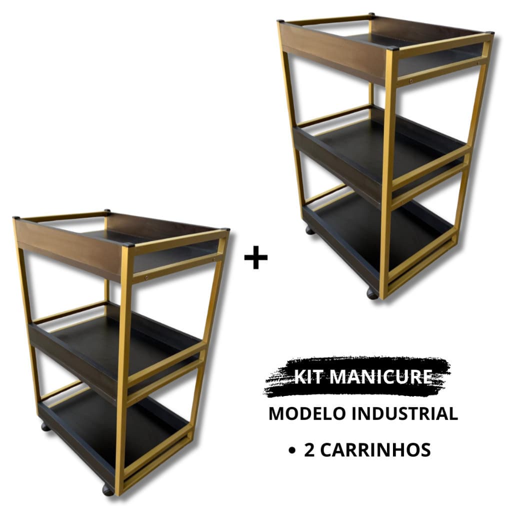 Kit 2 Carrinhos Auxiliar Manicure Salão de Beleza Modelo Industrial Com 3 Bandejas Preto/Dourado