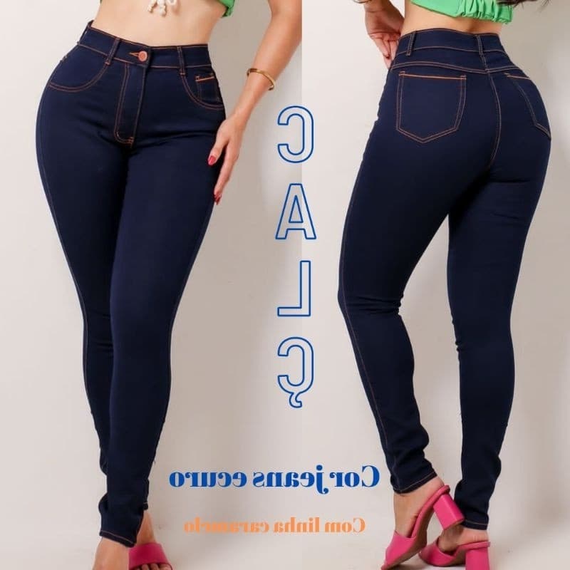 Calça Jeans Azul Escura Cintura Alta Elegante Modelagem Moderna 095