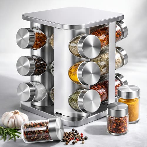 Porta Tempero Giratório 360 Com 12 Potes Vidro Suporte Inox Condimento Cozinha