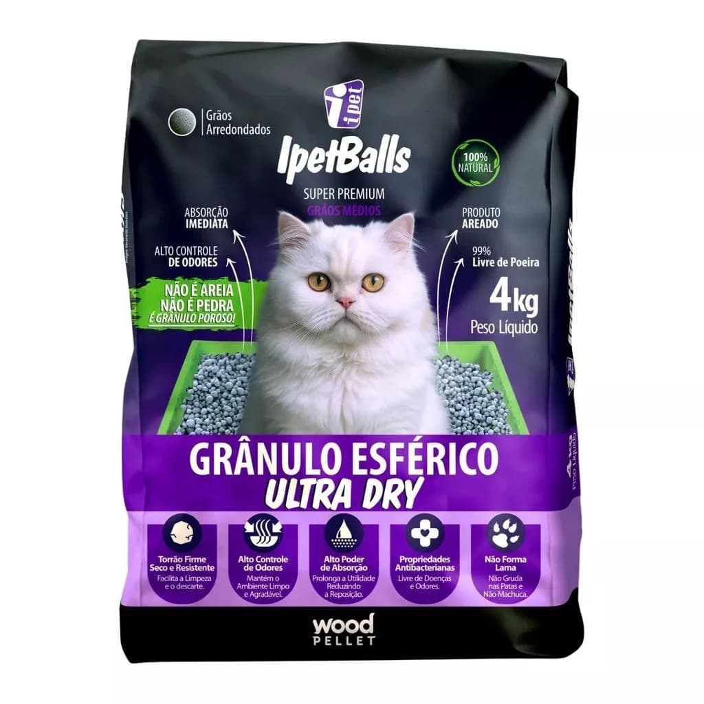 Areia Gatos Ultra Dry 4KG Graos Esferico Medios Ipetballs