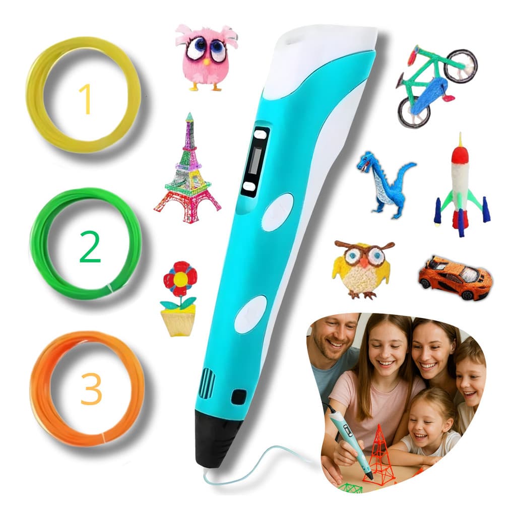 Caneta 3D Profissional com Display LCD Ajustável + Kit Filamentos PLA – Bivolt, Controle de Temperatura e Velocidade