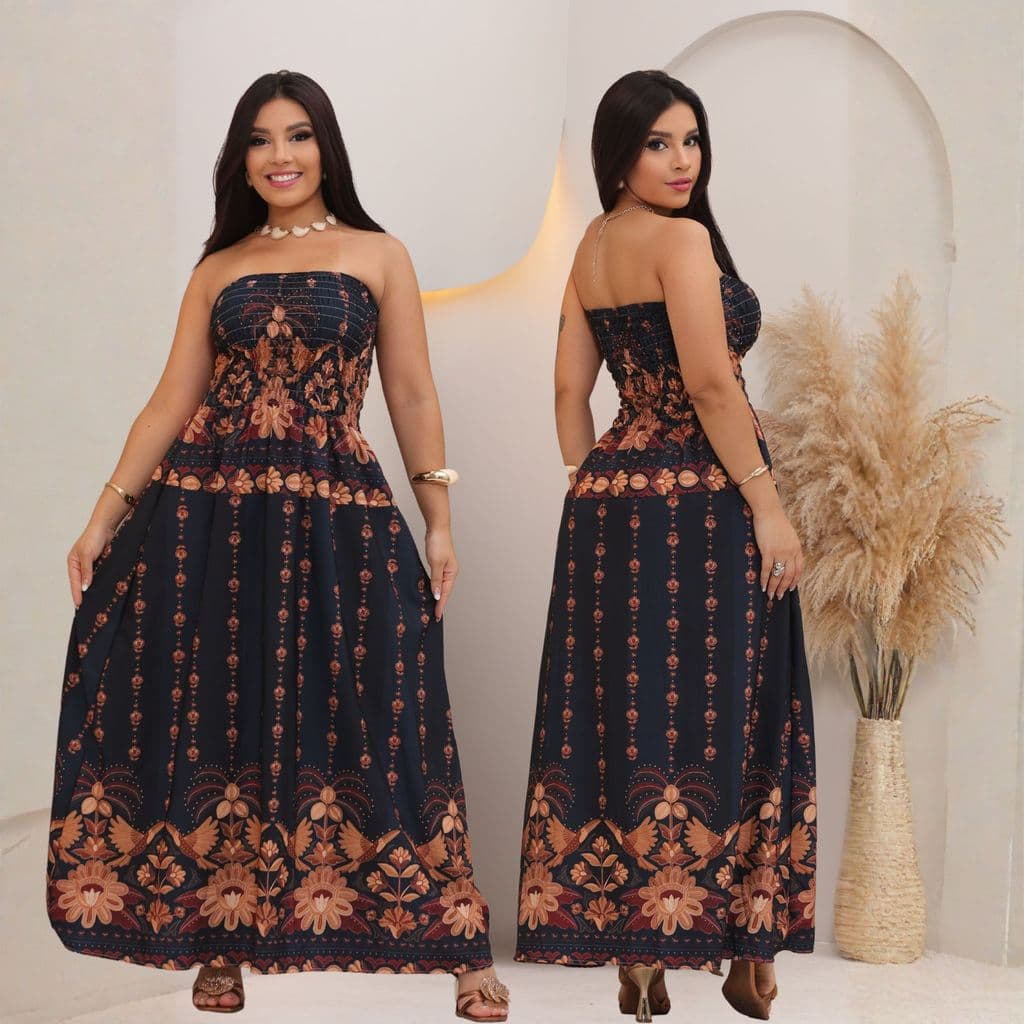 Vestido Tropical Longo Tomara que Caia Estampado – Moda Feminina 2026 marrom
