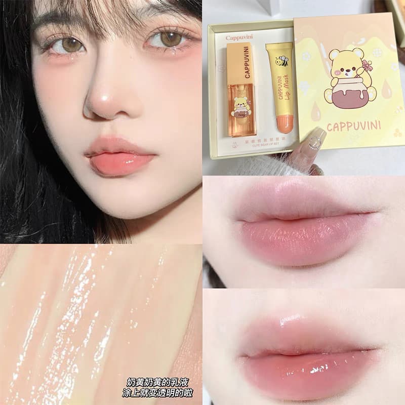 Conjunto de cuidados labiais com mel de urso fofo hidratante hidratante hidratante desbota linhas labiais Primer óleo la