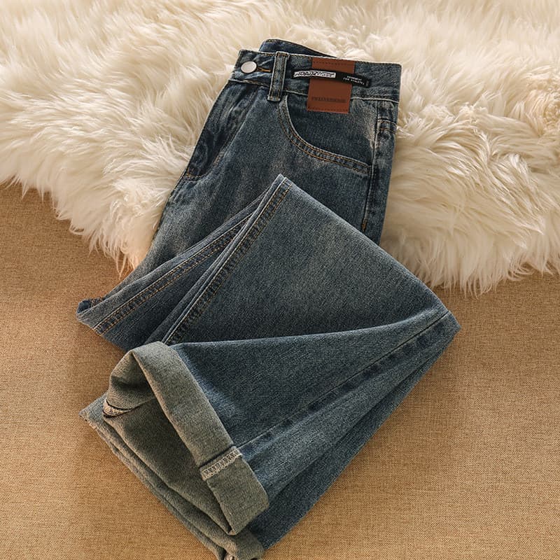 Design de moda marca couro cintura alta Jeans feminino primavera outono capa carne tamanho grande solto calças largas pe