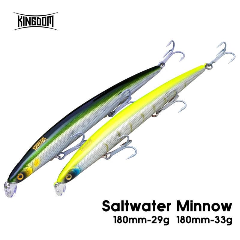 Iscas de Pesca Marítima Kingdom 18cm 29g 33g Iscas Flutuantes de Afundamento Lento Minnow Wobbler Iscas Artificiais Rígi