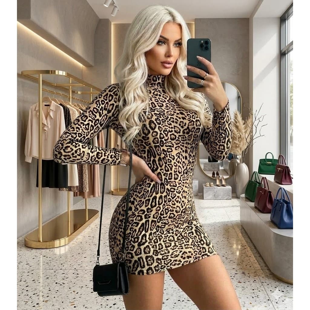 vestido feminino canelado tubinho onça gola alta manga longa