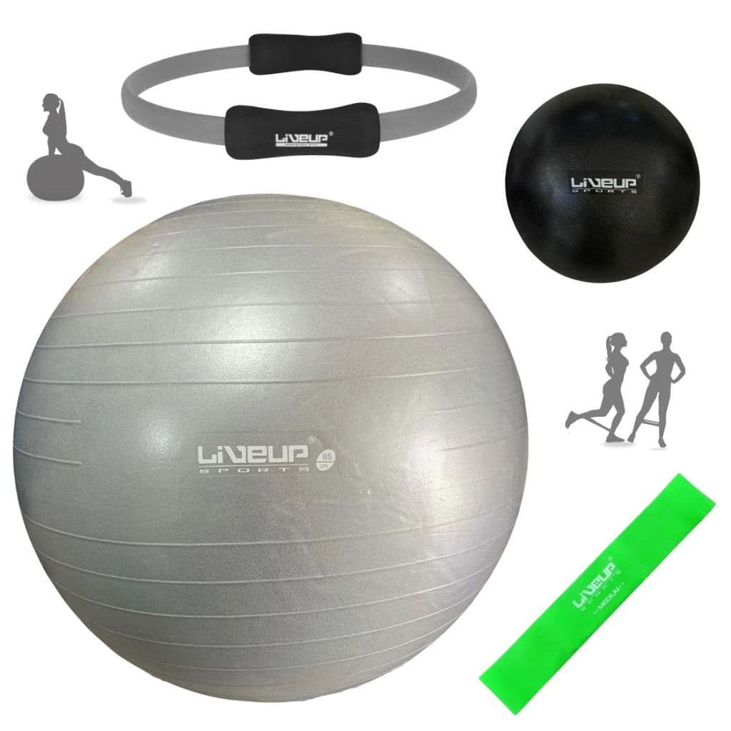 Bola Suiça 85cm Anti Estouro com Inflador + Anel Fortalecedor + Mini Bola Overball 25cm e Mini Band