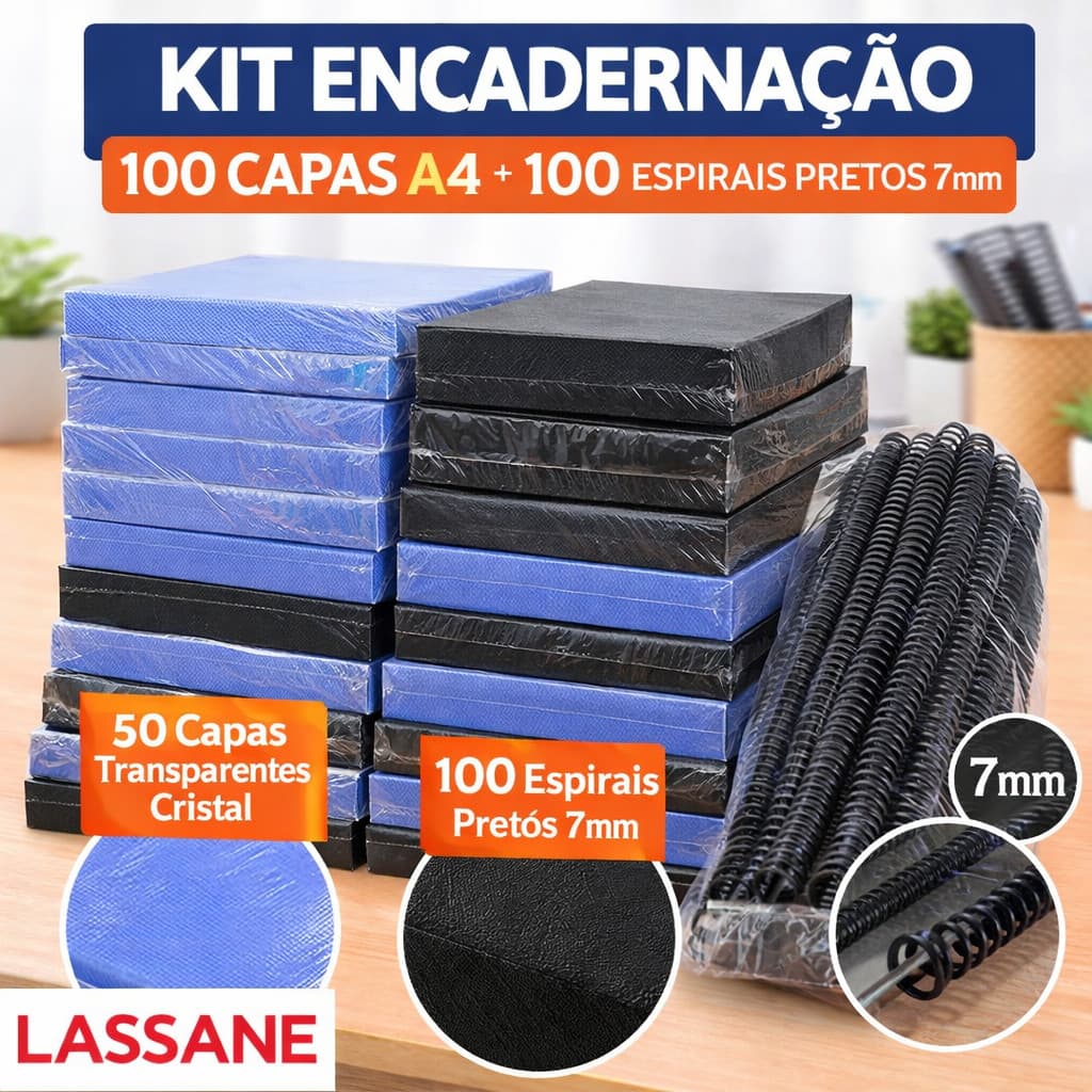 Kit Encadernação 100 Capas A4 + 100 Espirais Pretos 7mm  Capa Trans + Capa Preta Couro Profissional