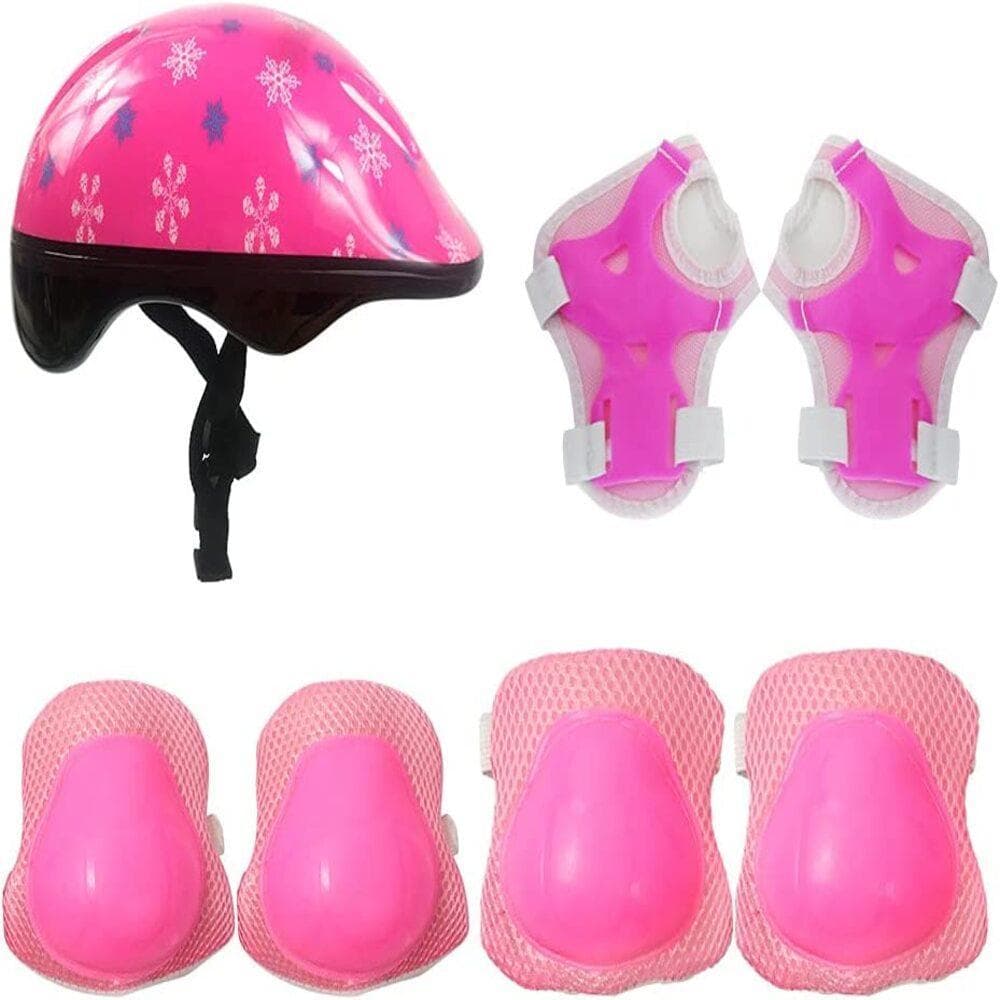 KIT PROTEÇÃO INFANTIL CAPACETE JOELHEIRA COTOVELEIRA MUNHEQUEIRA 7 PEÇAS MENINA ROSA