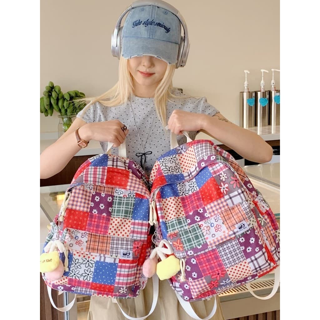 Mochila Floral colorida feminina estilo étnico costura xadrez de alto valor leve mochila de viagem feminina estudante un