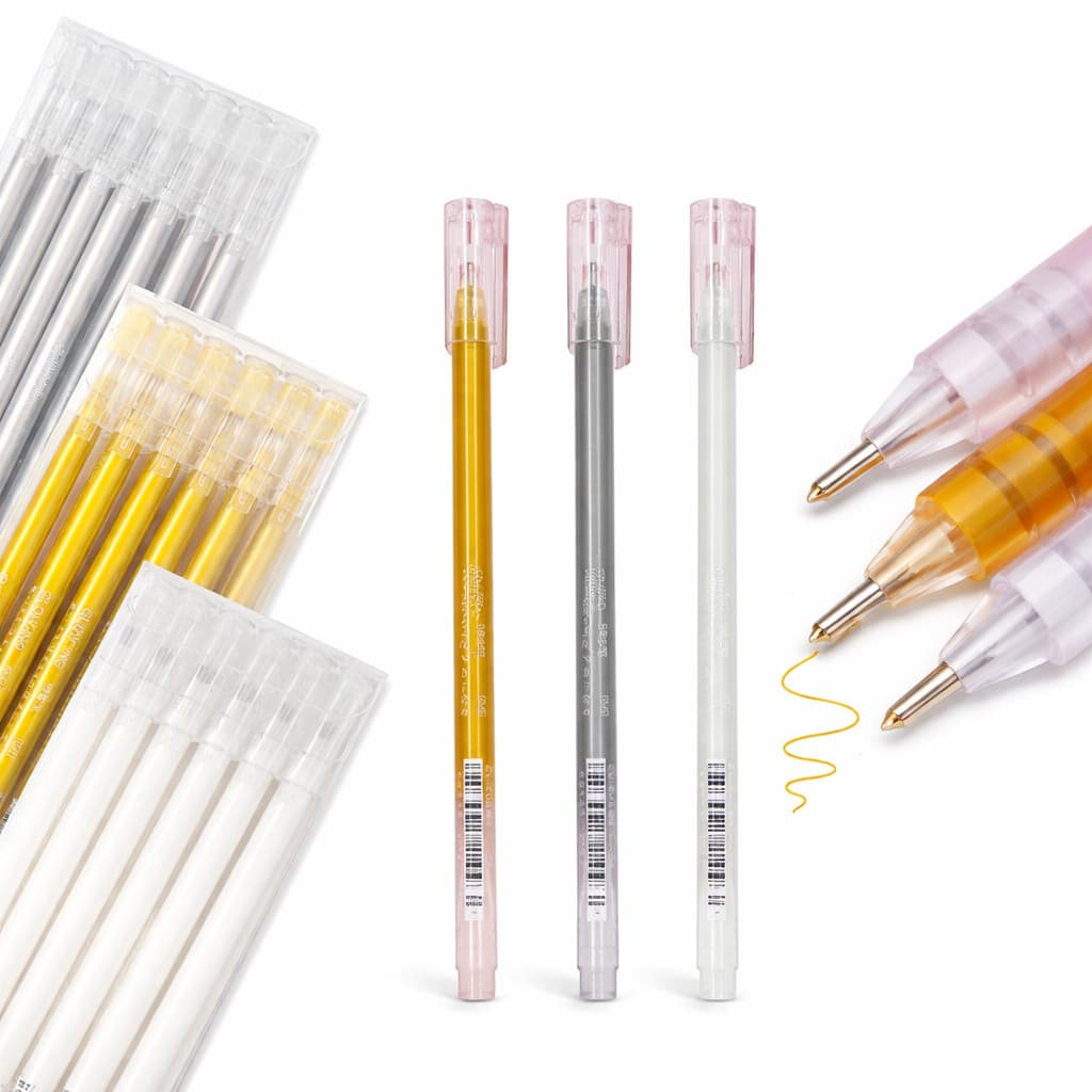 6 Canetas Gel 0.6mm Ponta Fina Plástico Branco Prata Dourado Escrita Lettering Desenho