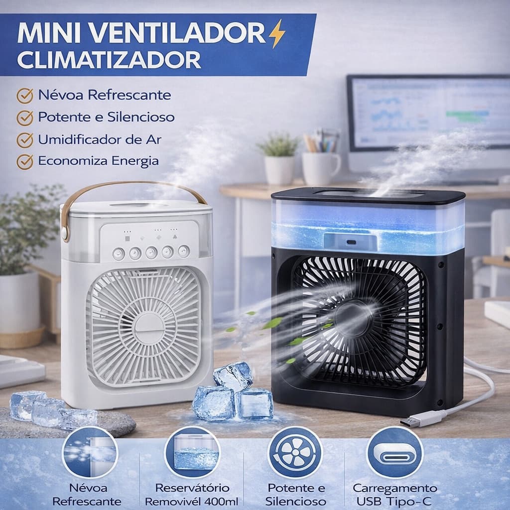 Mini Ventilador Climatizador Portátil USB Silencioso para Mesa Escritório Casa Branco ou Preto