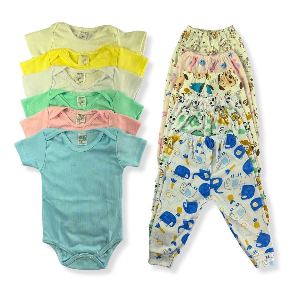 Kit C/4 - Body Manga Curta + Calça Estampada Malha Canelada Menino e Menina