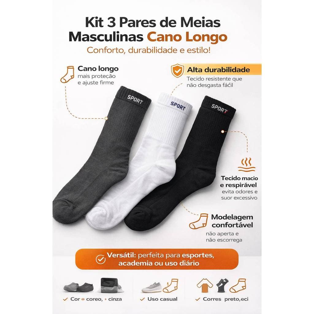 🧦 Kit 3 Pares de Meias Masculinas Cano Longo – Conforto e Estilo para o Dia a Dia