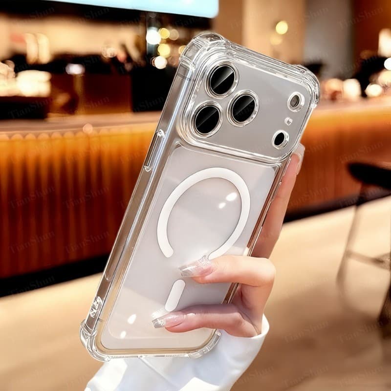 Capa protetora magnética com bolsa de ar transparente e antichoque, compatível com iPhone 17 16 15 14 13 12 11 Pro Max