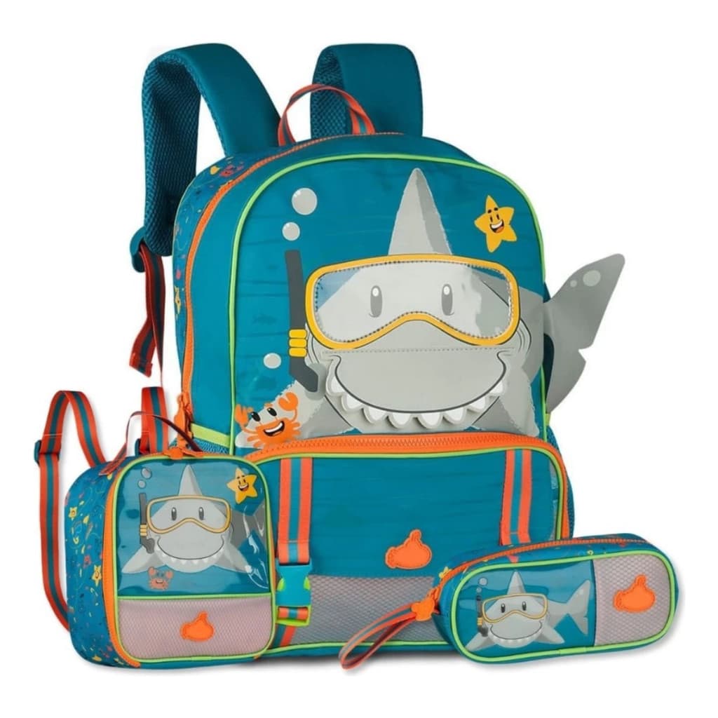 Kit Mochila De Costas Tubarão Escolar Lancheira Estojo