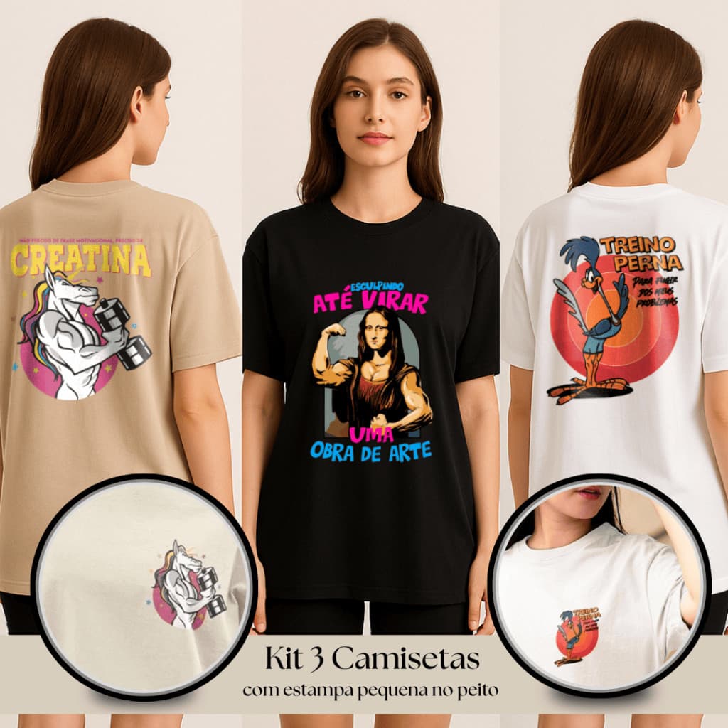 Kit 3 Camisetas Conjunto de Academia Feminina 100% Algodão Leve Camisa Larga