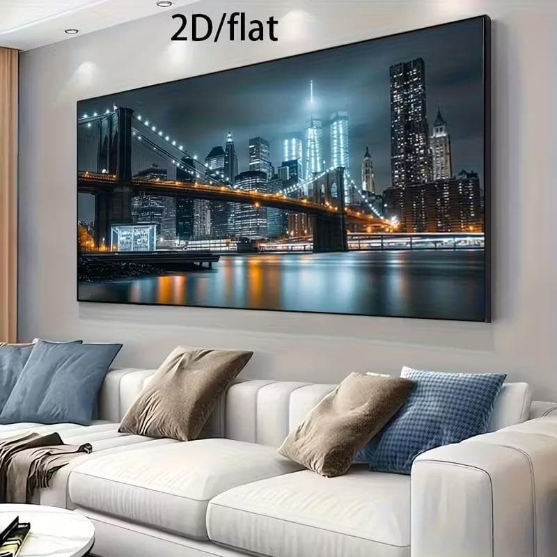 Quadro Decorativo Panorâmico New York City e Ponte de Brooklyn à Noite