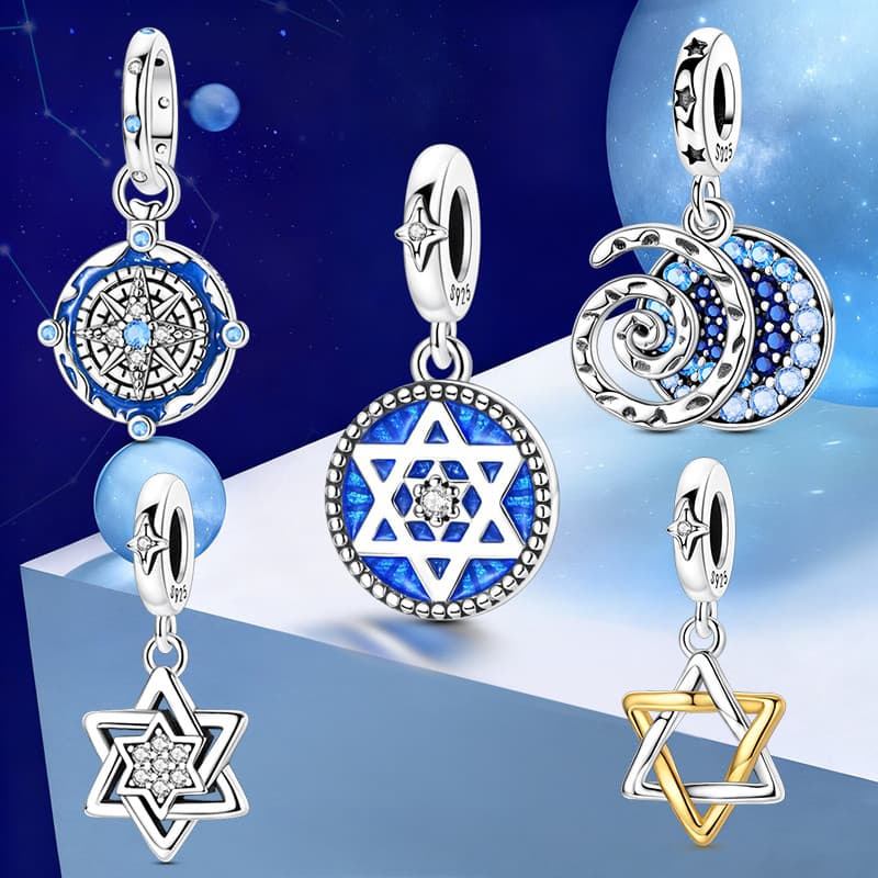 Encantos Berloque Hexagrama Estrela Encantadora 925 Prata Azul CZ Zircão Céu Estrelado Presente Cabo Cabeça Pulseira