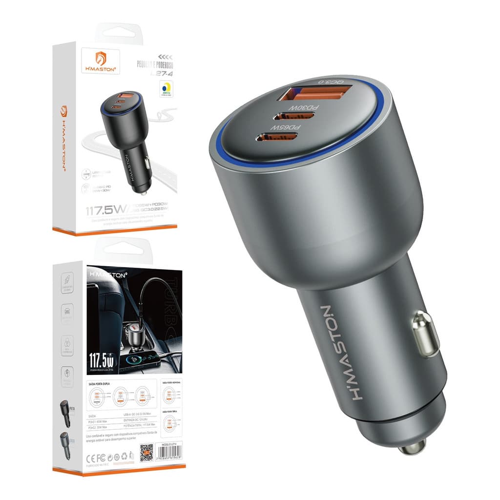 Carregador Veicular Carro Turbo 117.5w 3 Saídas Usb E Tipo-c