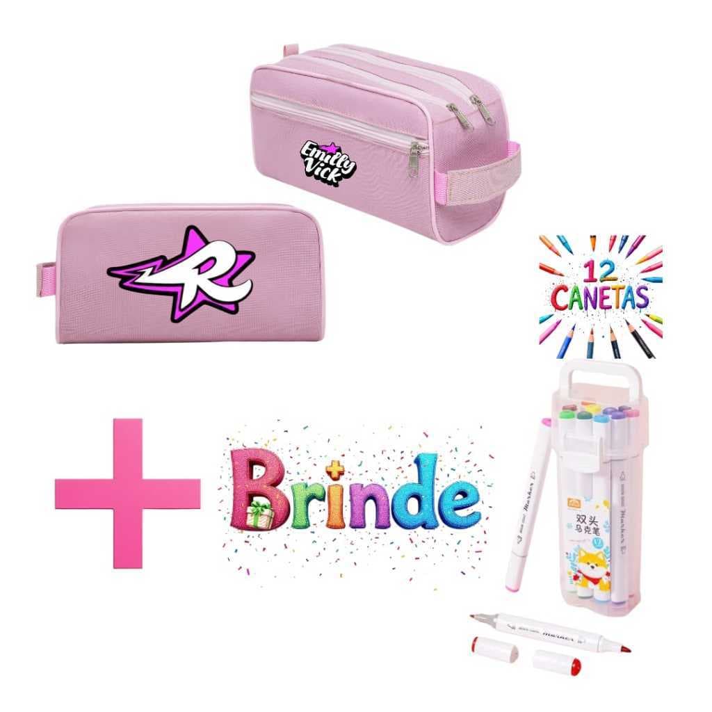 Necessaire EMILY VICK Estojo Escolar Infantil Personagens de menina + Kit 12 Canetinhas de Brinde