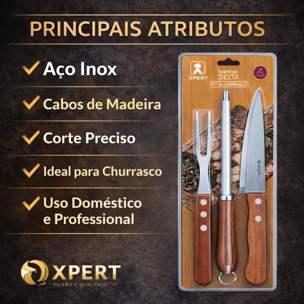🔥 Kit Churrasco Aço Inox Profissional Faca Garfo Chaira Cabo Madeira Corte Preciso Carnes