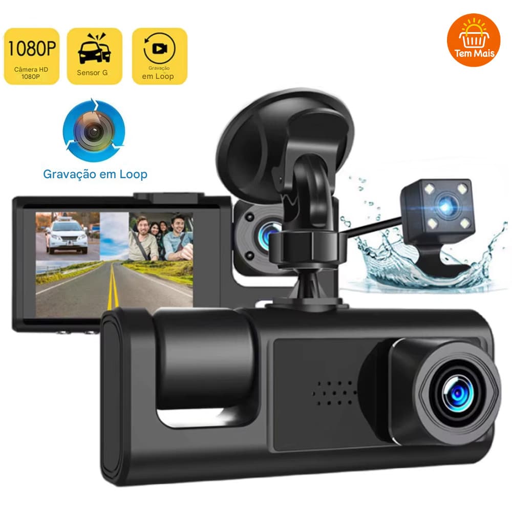 Câmera de Carro Tripla com Wi-Fi - Visão Frontal, Traseira e Interna em Full HD 1080P  Armaz 64GB