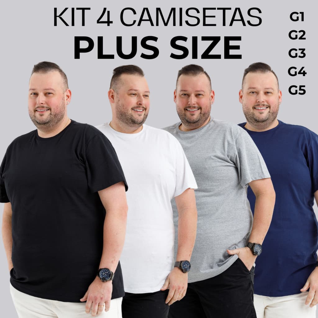 KIT 4 Lote Camiseta Camisa Plus Size Masculina Extra Grande 100% Algodão 30.1 -G1 G2 G3 G4 G5