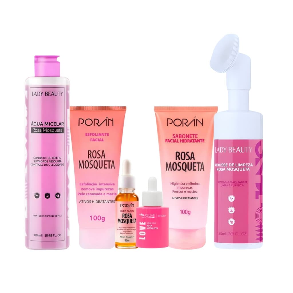 Kit Skin Care Completo Pele Seca Hidratante Óleo de Rosa Mosqueta 100% Puro Porán Max Love e Lady Beauty