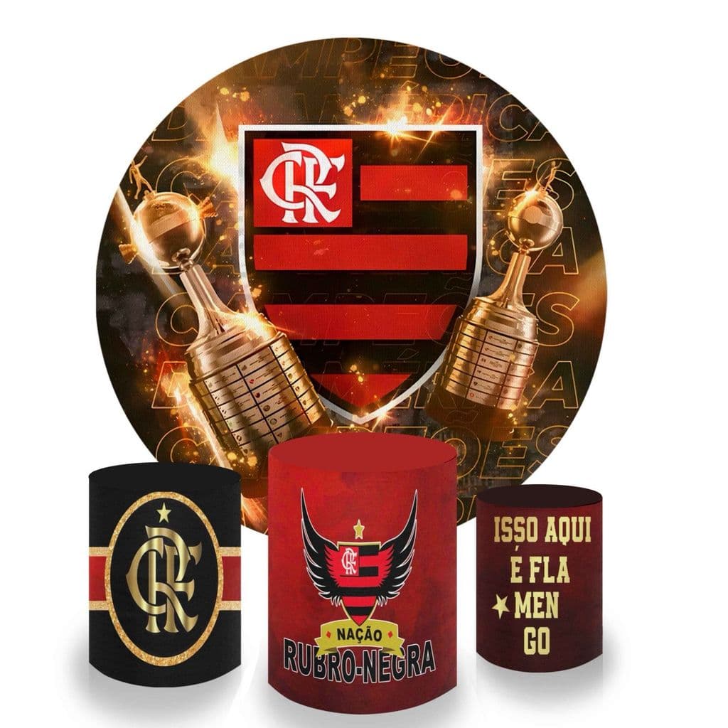 Kit Capa Painel Festa Pegue e Monte Redondo + Trio de Cilindros Veste Fácil Decoração Bola Futebol Cores Preto Vermelho