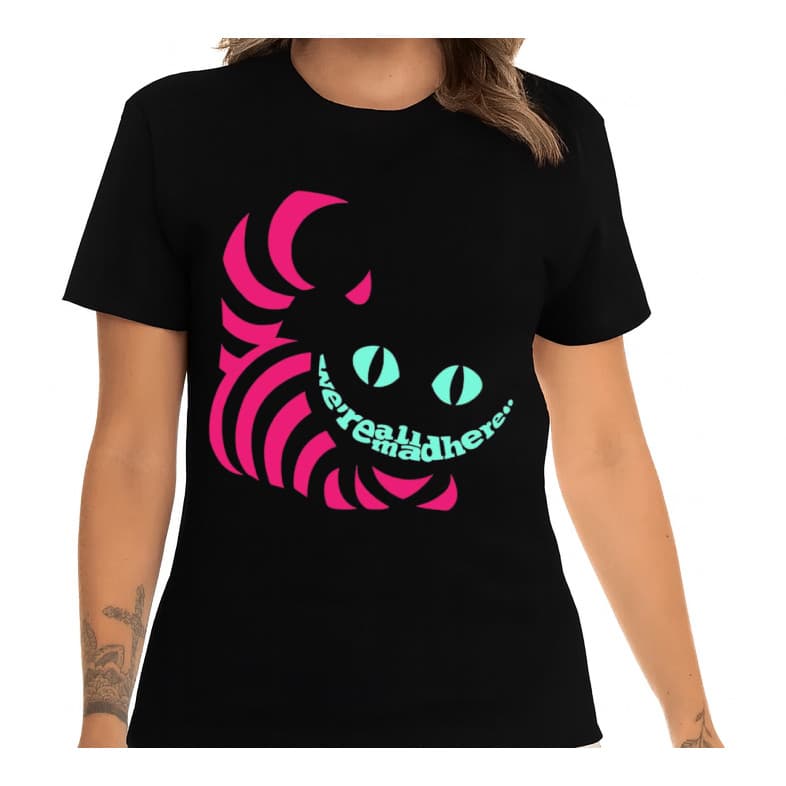 Camiseta Feminina Blusa Gato Mestre Alice no Pais das Maravilhas Camisa