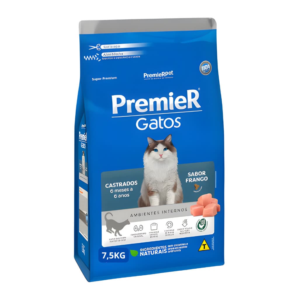 Ração Premier Ambientes Internos Gatos Adultos Castrados Frango 7,5kg 6 Meses a 6 Anos