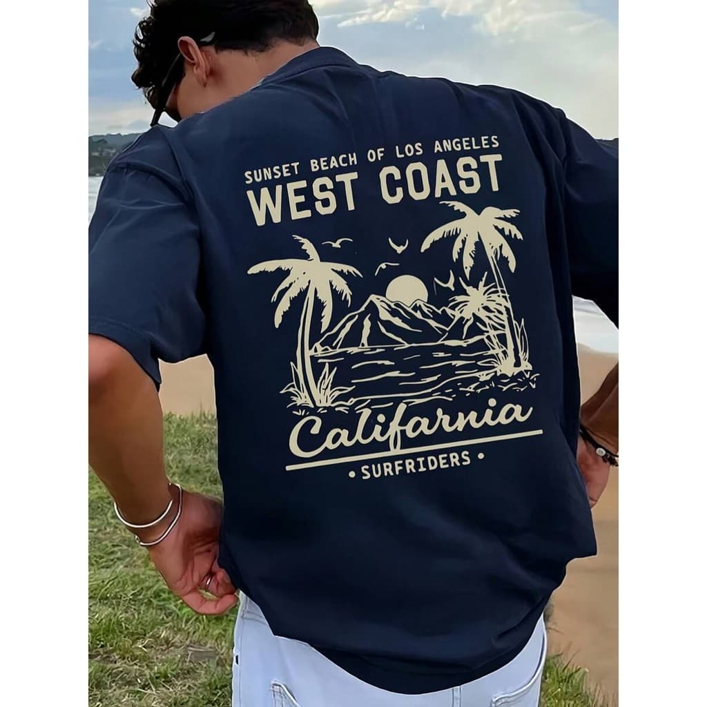 Camiseta Masculina Tropical Floral Vintage 100% Algodão California Beach Surf Manga Curta Casual 100% Algodão